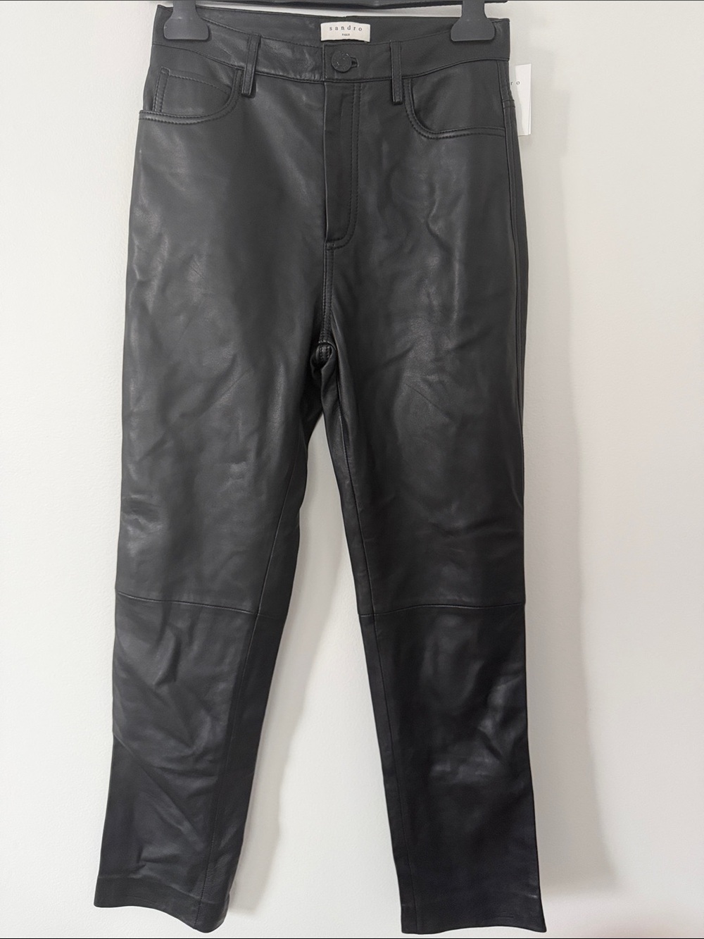 Sandro Black Straight-Leg Leather Pants